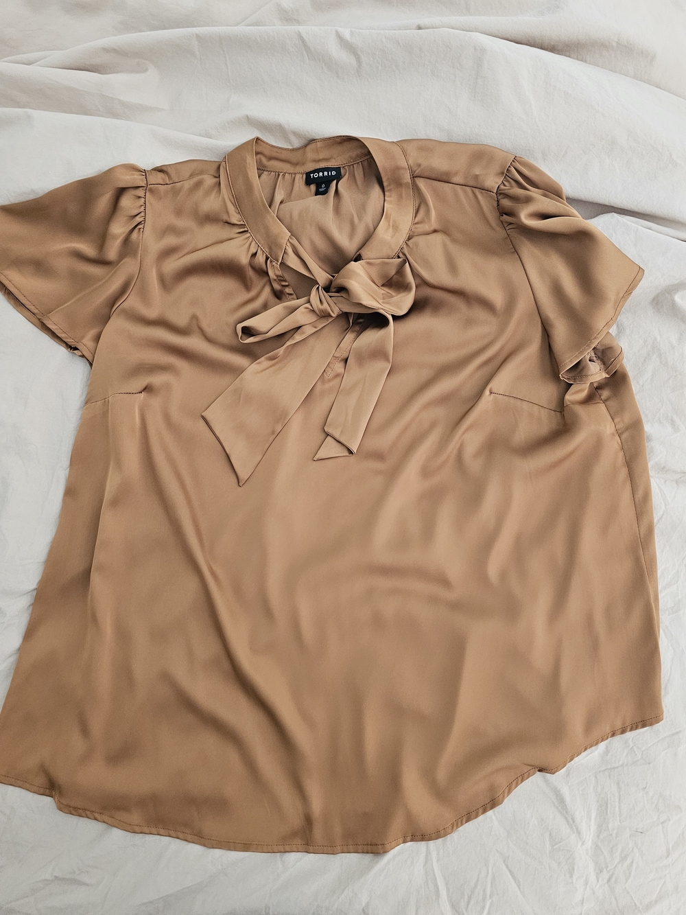 Torrid Tan Tie-Neck Flutter Sleeve Blouse